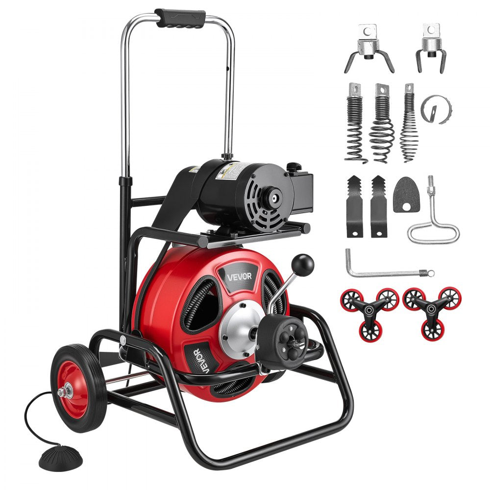 VEVOR Drain Cleaner Machine 100 FT x 1/2 Inch, Auto Feed Sewer Snake Auger, Portable Drain Cleaning Machine with Climbing Wheels, Adjustable Drum, 8 Cutters & Foot Switch for 2" to 6" Pipes
