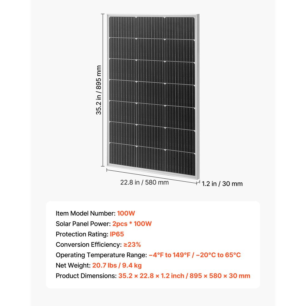 VEVOR 2PCS 100W Monocrystalline Solar Panels, 23% High-Efficiency Mono PV Module with Stable MC4 Output & Aluminum Frame, IP65 Waterproof Solar Panel for Car Boat RV Flat Rooftop Off-Grid Applications