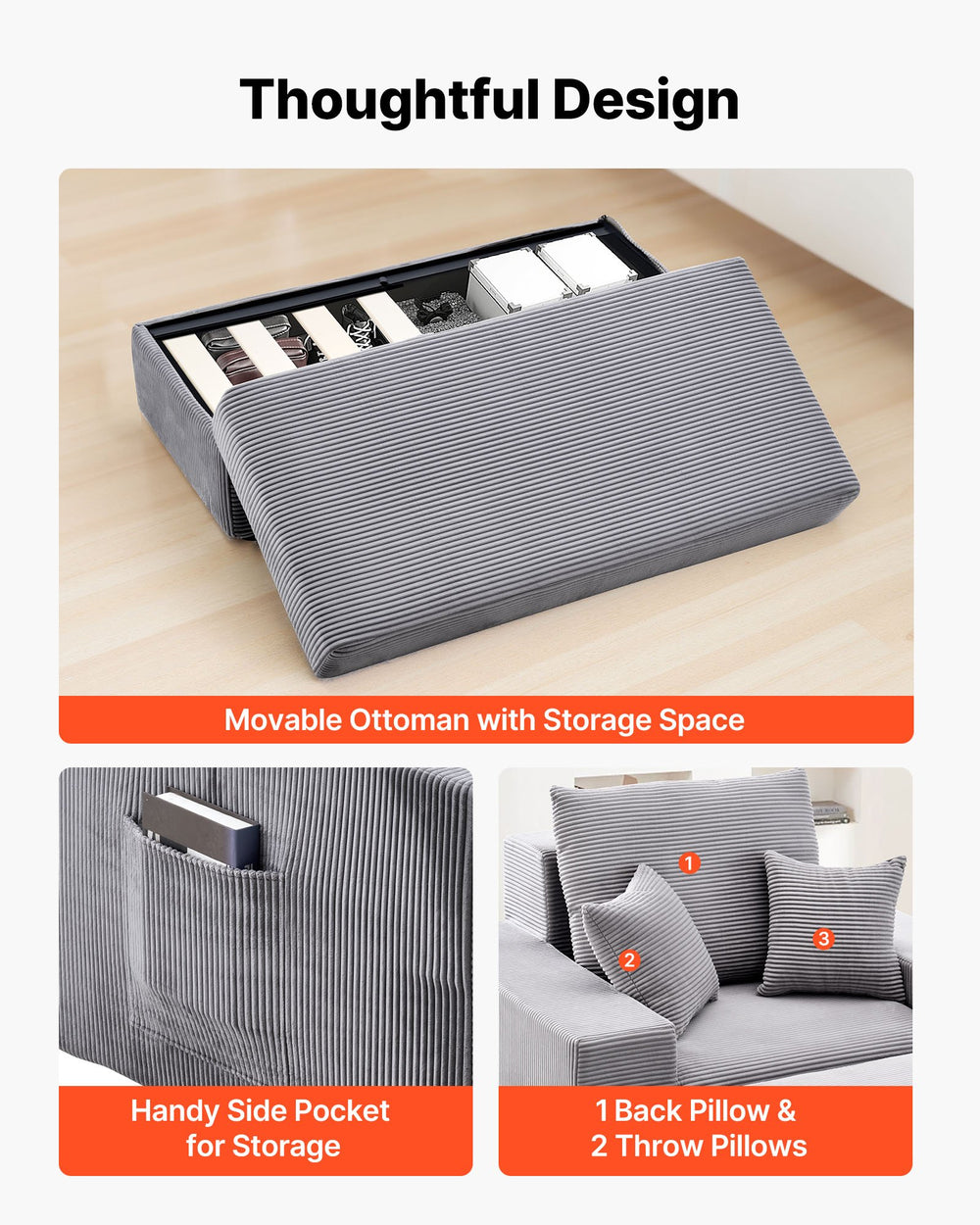 Thoughtful design: movable storage ottoman, side pocket, pillows