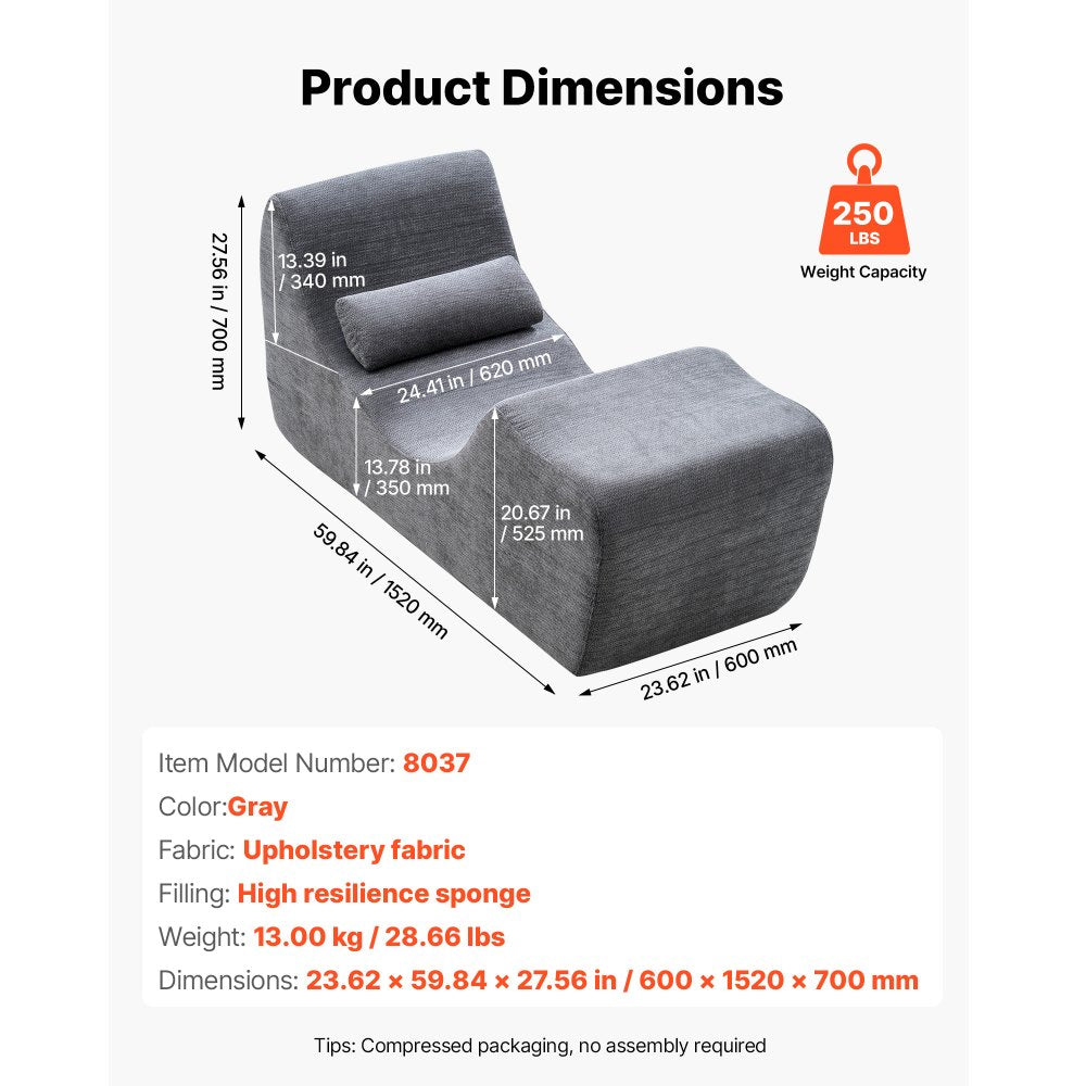 VEVOR Yoga Chair Chaise, Ergonomic Chaise Lounge Chair for Yoga, Modern Boneless Curved Foam Lounge Indoor for Massage, Stretching, Relaxation, Exercise, Used in Living Room, Bedroom, Balcony, Grey