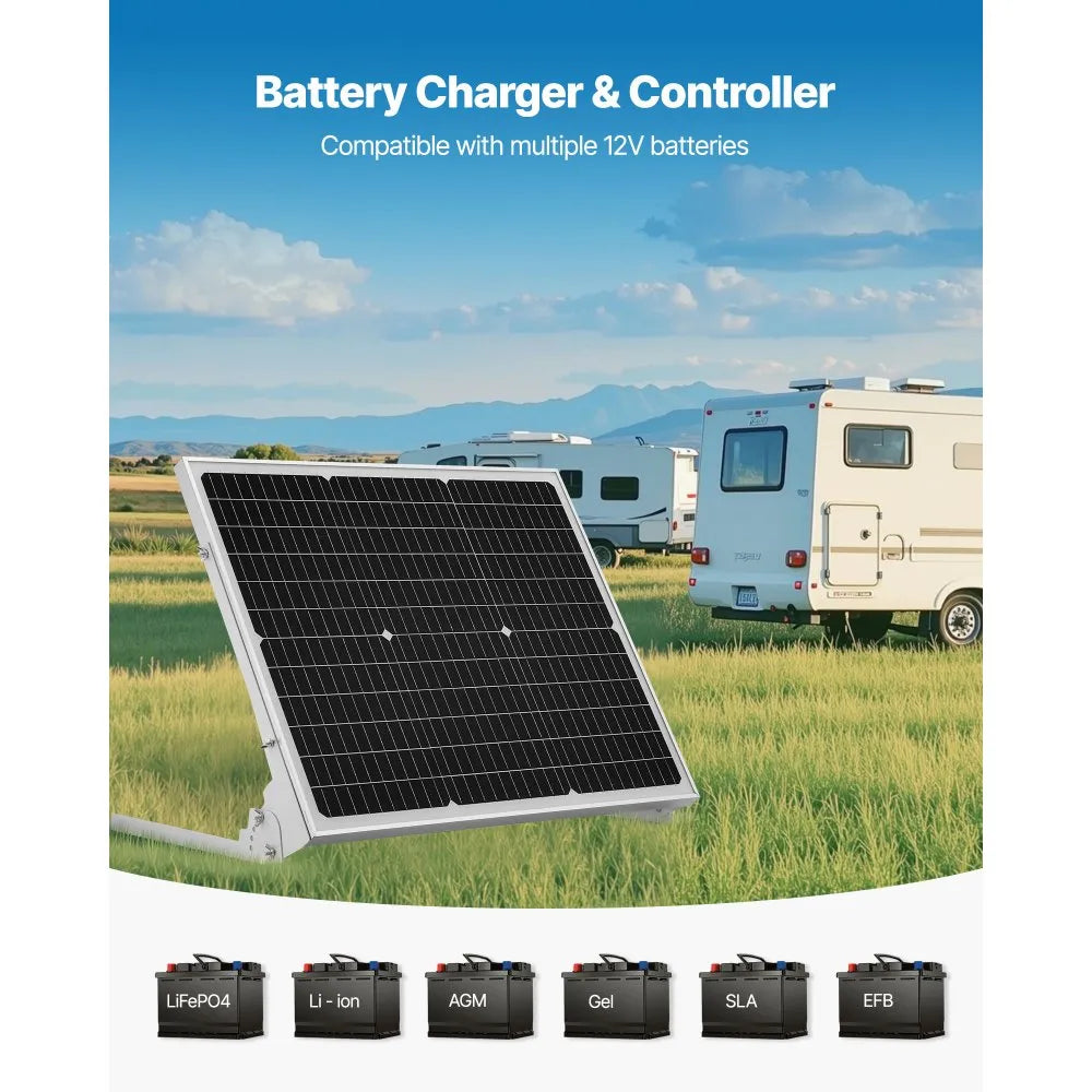 VEVOR 50W 12V Solar Battery Trickle Charger Maintainer, Mono Solar Panel Battery Charger with Upgraded MPPT Controller & Adjustable Mount Bracket, IP65 Waterproof for Car Boat RV Trailer House Roof