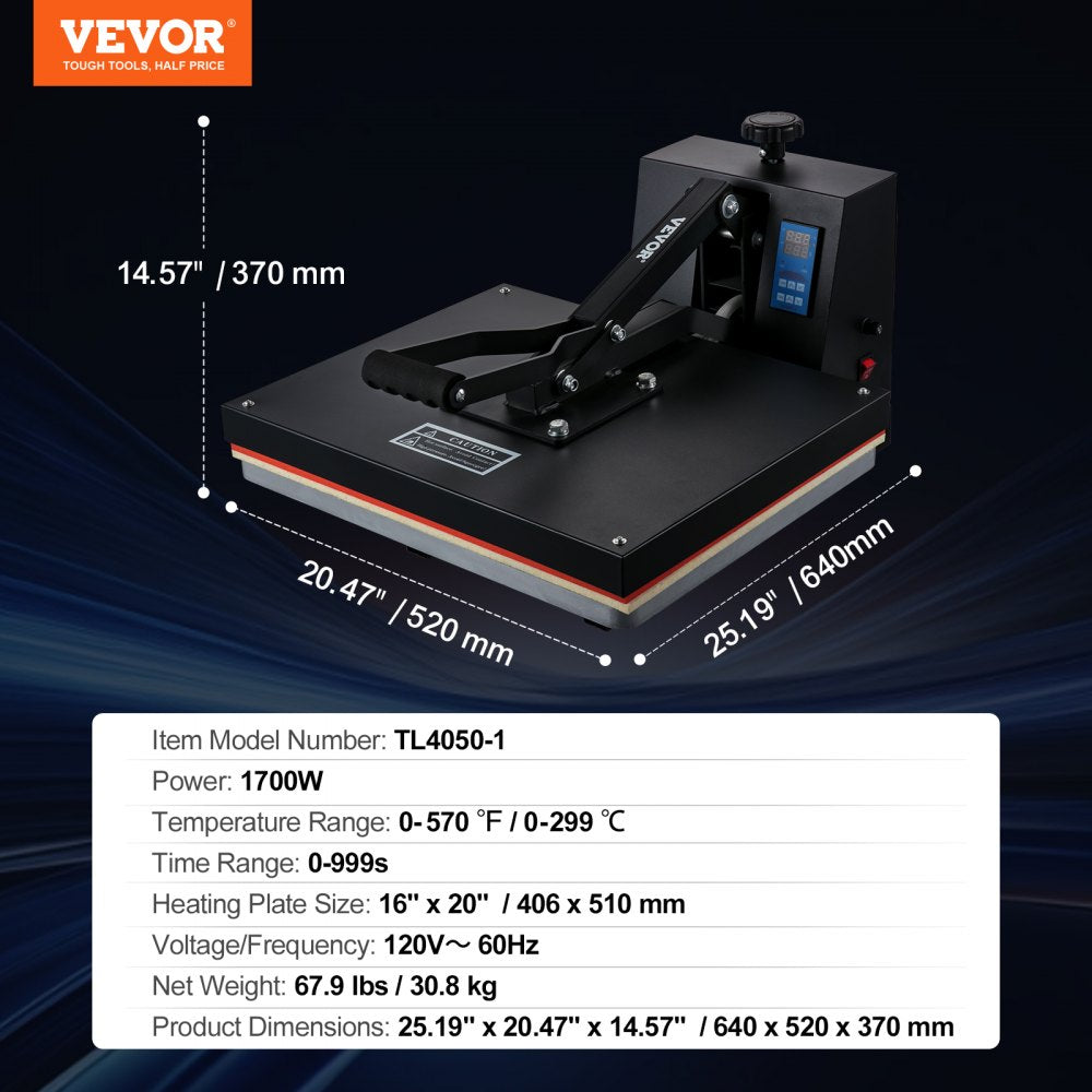 VEVOR Heat Press Machine 16 x 20 Inch High Pressure T-shirt Press Black, for T-Shirts, Fast Heating, Precise Control, Digital Industrial Sublimation Printer for Heat Transfer Vinyl, Easy to Use