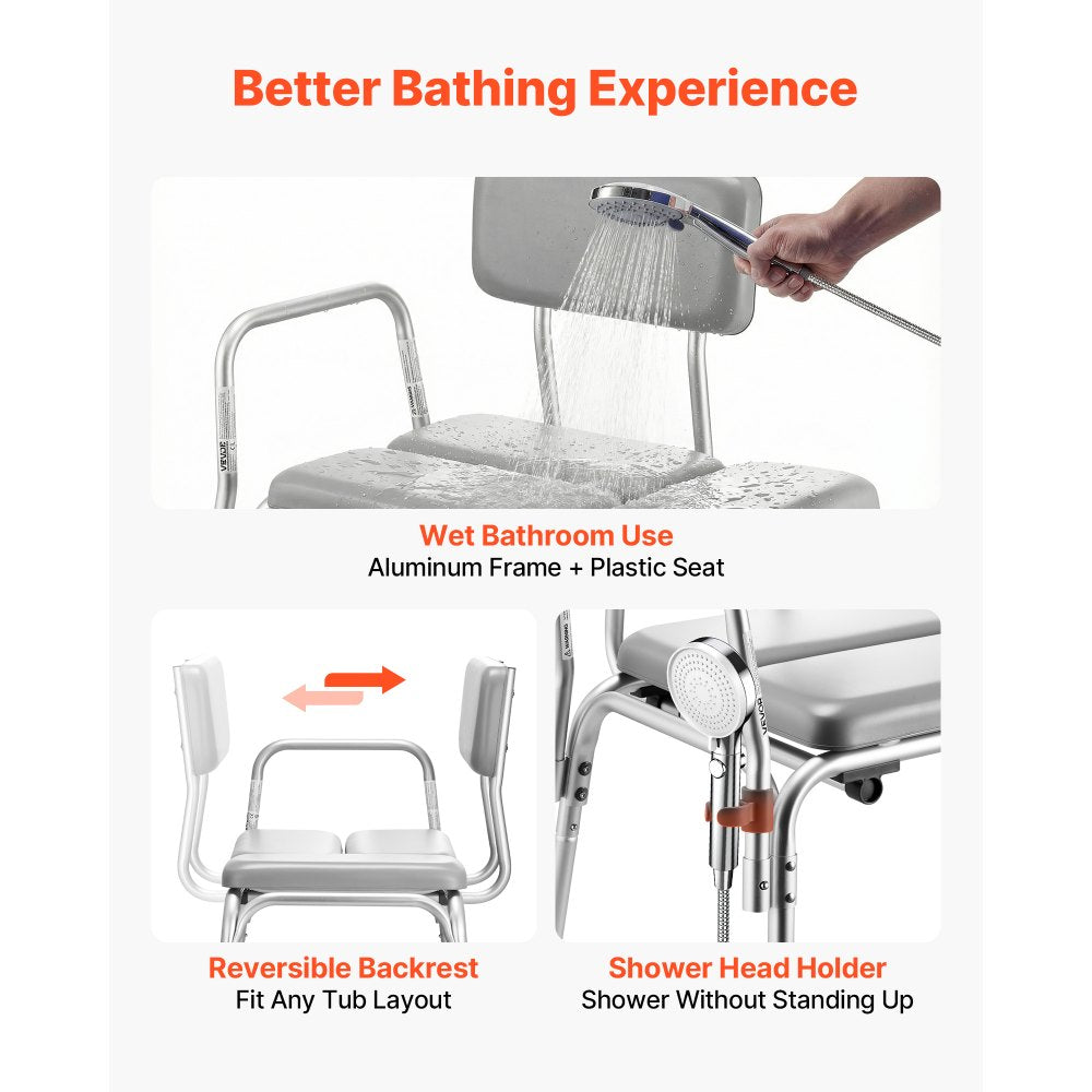 VEVOR Tub Transfer Bench for Bathtub, 500 lbs Weight Capacity Heavy Duty Shower Chair with Arm and Backrest, Height Adjustable Bathroom Shower Bench Bath Seat for Adults, Seniors, Elderly and Disabled
