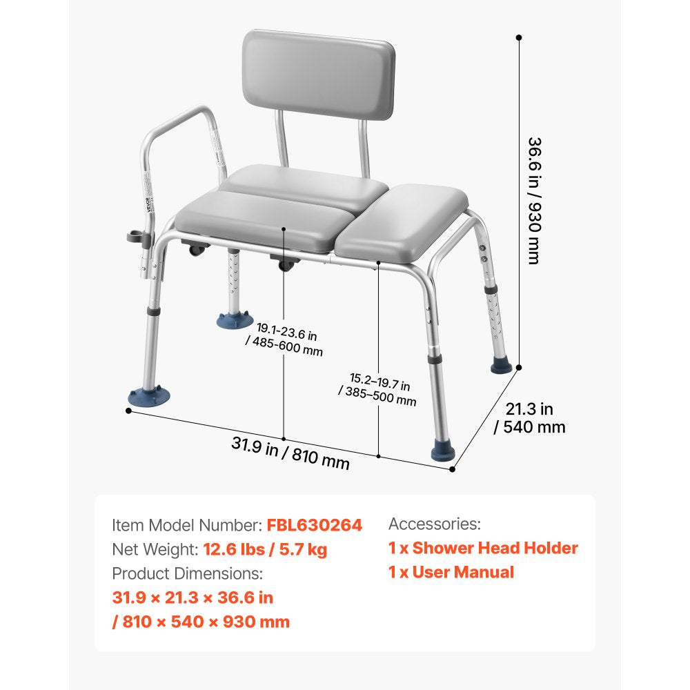 VEVOR Tub Transfer Bench for Bathtub, 500 lbs Weight Capacity Heavy Duty Shower Chair with Arm and Backrest, Height Adjustable Bathroom Shower Bench Bath Seat for Adults, Seniors, Elderly and Disabled