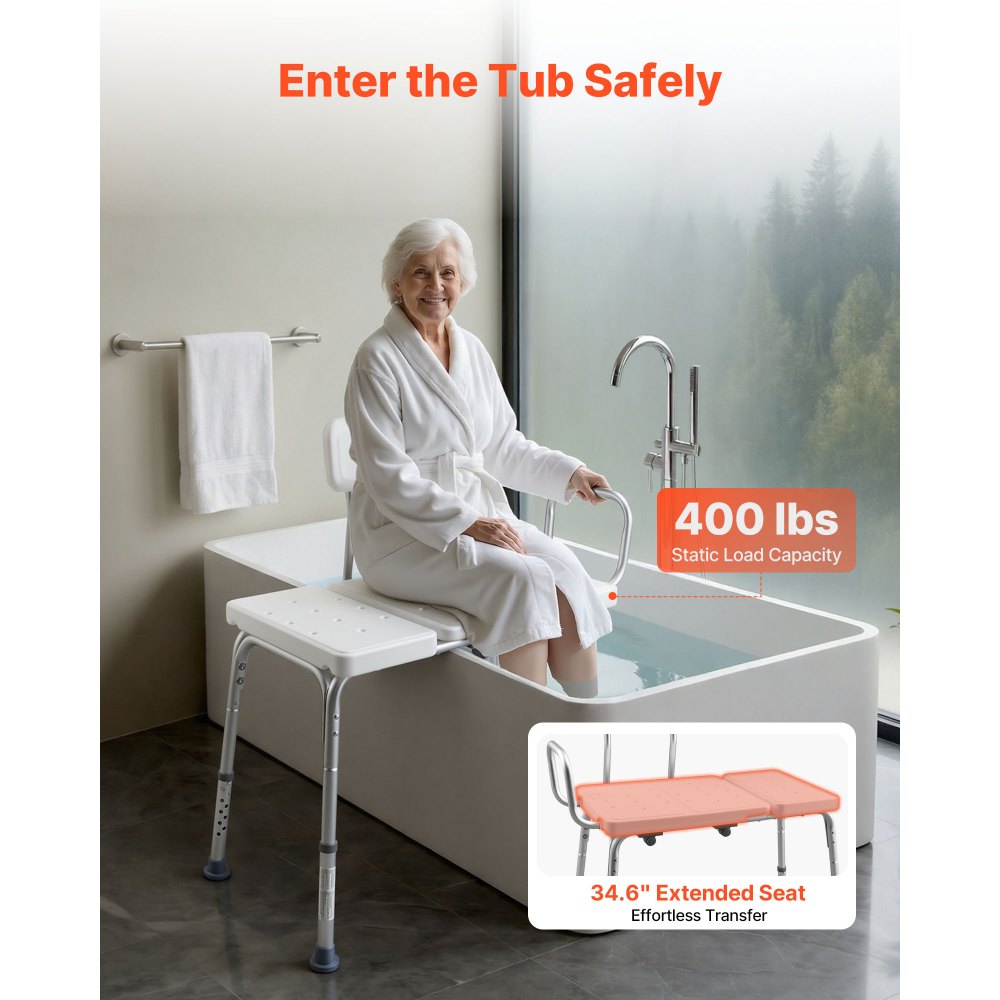 VEVOR Tub Transfer Bench for Bathtub, 400 lbs Capacity Heavy Duty Shower Chair with Arm, Backrest and Curtain Slot, Height Adjustable Shower Bench Bath Seat for Adults, Seniors, Elderly and Disabled
