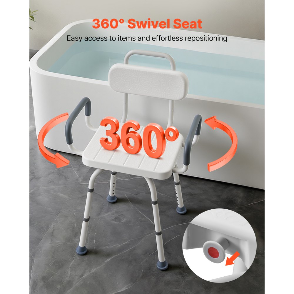 VEVOR Swivel Shower Chair with Arms and Back, 400 lbs Heavy Duty Bench Seat for Inside Shower Stall and Bathtub, Height Adjustable Bathroom Bath Tub Seat for Adults, Seniors, Elderly and Disabled