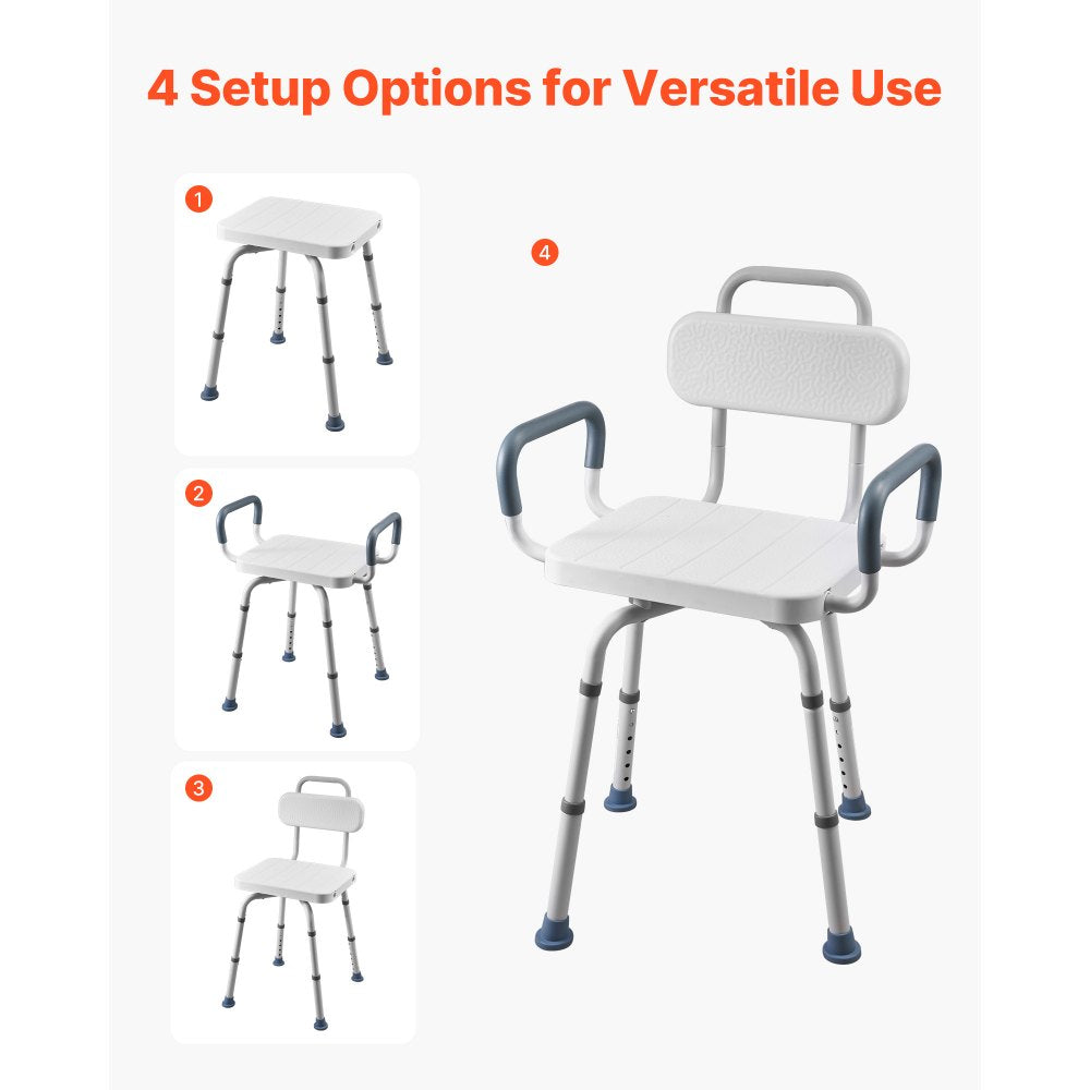 VEVOR Swivel Shower Chair with Arms and Back, 400 lbs Heavy Duty Bench Seat for Inside Shower Stall and Bathtub, Height Adjustable Bathroom Bath Tub Seat for Adults, Seniors, Elderly and Disabled