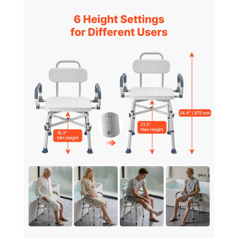 VEVOR Swivel Shower Chair with Arms and Back, 500 lbs Heavy Duty Bench Seat for Inside Shower Stall and Bathtub, Height Adjustable Bathroom Bath Tub Seat for Adults, Seniors, Elderly and Disabled