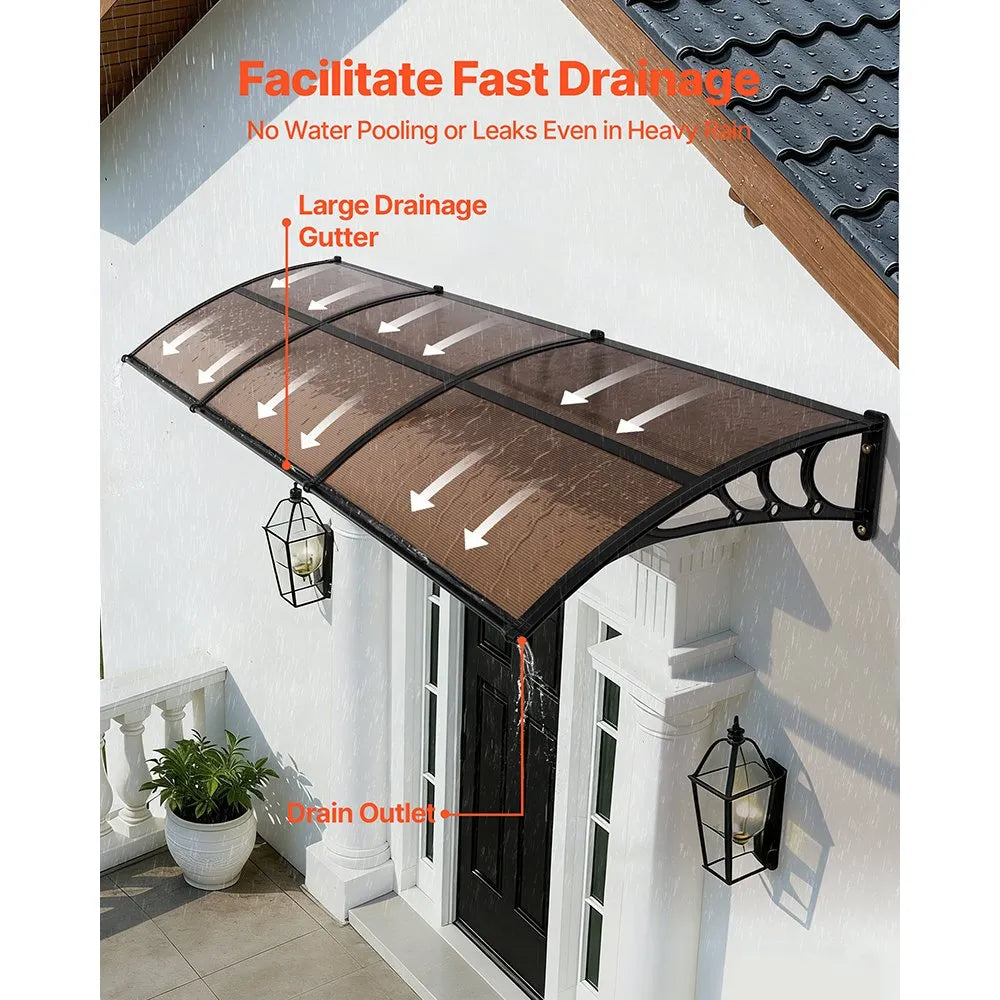 VEVOR Awnings for Door Entrance, 38 x 117 in, Exterior Front Door Window Awnings with Drainage & ABS Bracket, Rain Snow Sun Protection, Overhang Polycarbonate Door Canopy for Porch Patio, Brown