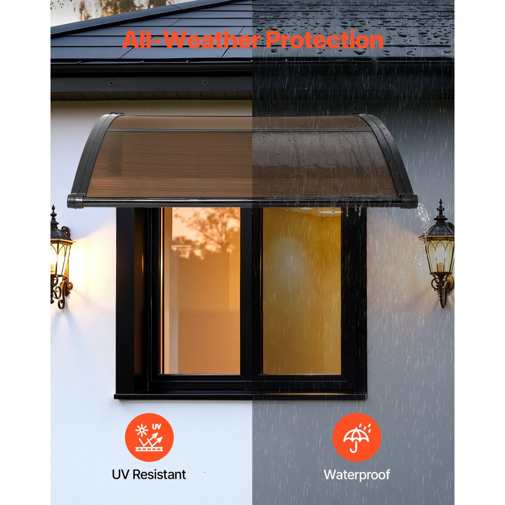VEVOR Awnings for Door Entrance, 38 x 40 in, Exterior Front Door Window Awnings with Drainage & ABS Bracket, Rain Snow Sun Protection, Overhang Polycarbonate Door Canopy for Porch Patio, Brown