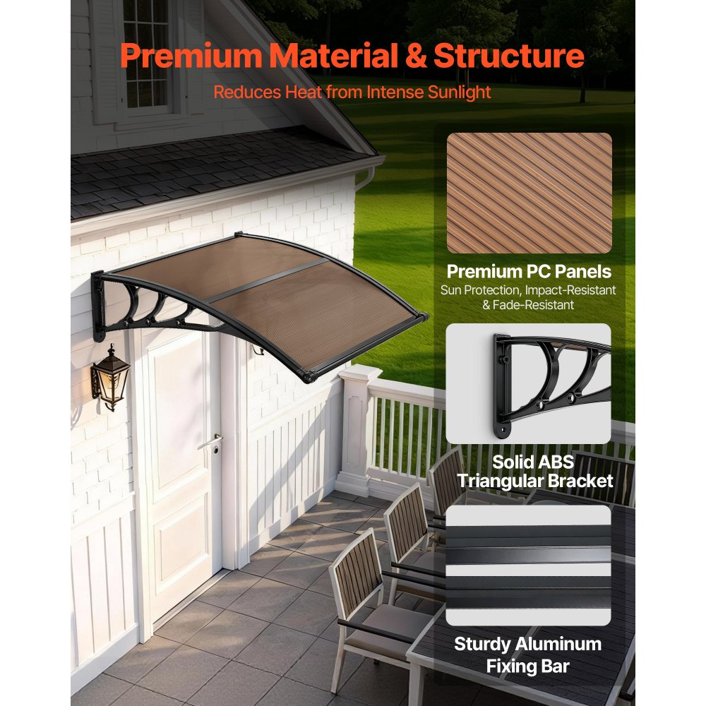 VEVOR Awnings for Door Entrance, 38 x 40 in, Exterior Front Door Window Awnings with Drainage & ABS Bracket, Rain Snow Sun Protection, Overhang Polycarbonate Door Canopy for Porch Patio, Brown