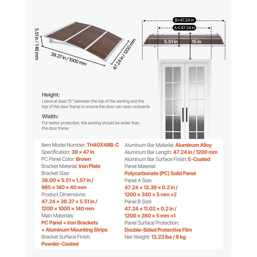 VEVOR Awnings for Door Entrance, 37 x 47 in, Exterior Front Door Window Awnings with Drainage & ABS Bracket, Rain Snow Sun Protection, Overhang Polycarbonate Door Canopy for Porch Patio, Brown