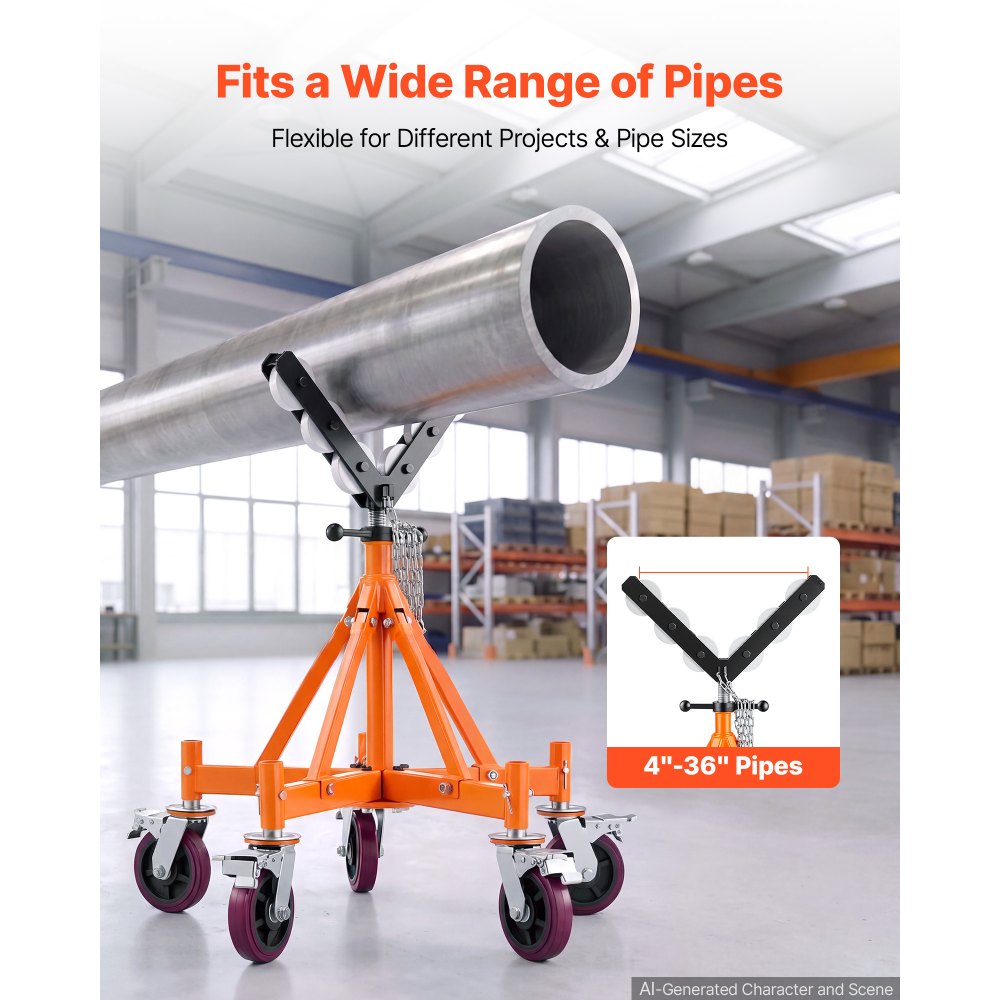 VEVOR Heavy Duty Pipe Roller Stand with Casters for 4-36 in Pipes, Adjustable Height 31"-41", 360° Swivel Casters & Security Chain, 2500 lbs Capacity Roller Stand for Pipe Welding Fabrication