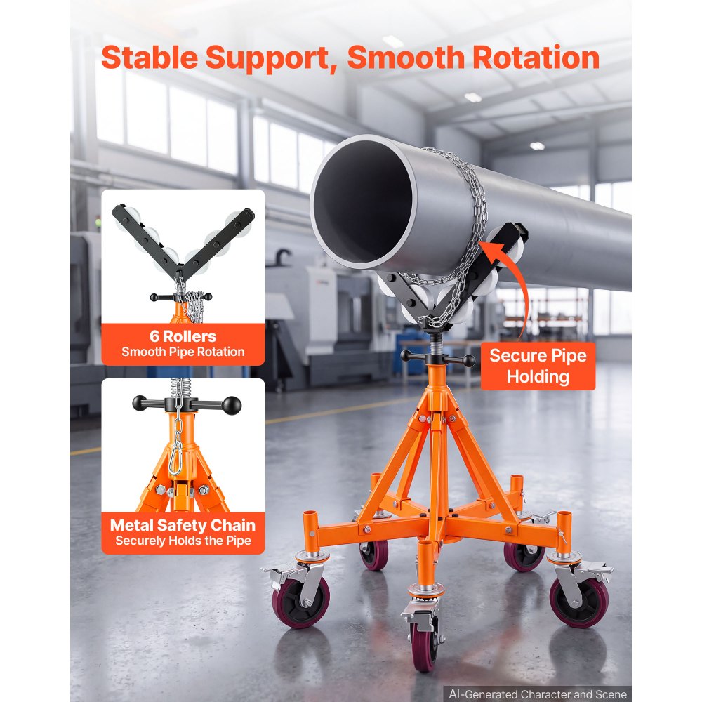 VEVOR Heavy Duty Pipe Roller Stand with Casters for 4-36 in Pipes, Adjustable Height 31"-41", 360° Swivel Casters & Security Chain, 2500 lbs Capacity Roller Stand for Pipe Welding Fabrication
