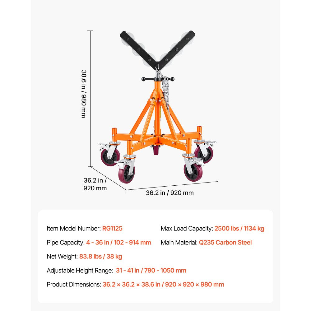 VEVOR Heavy Duty Pipe Roller Stand with Casters for 4-36 in Pipes, Adjustable Height 31"-41", 360° Swivel Casters & Security Chain, 2500 lbs Capacity Roller Stand for Pipe Welding Fabrication