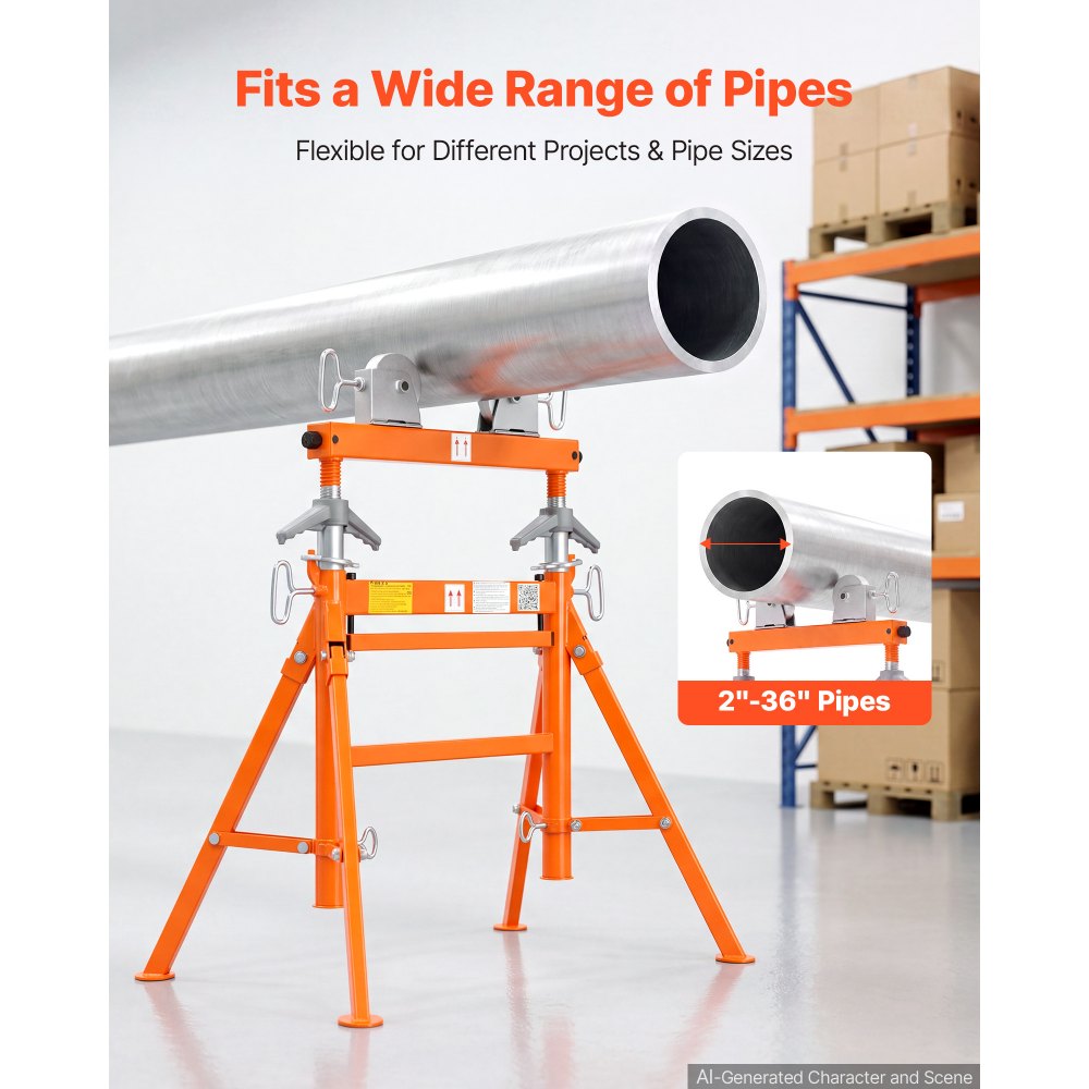 VEVOR Pipe Stand with Roller Head, Heavy Duty 2500LBS Capacity, Fits 2"-36" Pipes, 34"-52" Adjustable Height, Dual-Roller Pipe Stand, Rugged Carbon Steel Support for Welding, Fabrication & Woodworking