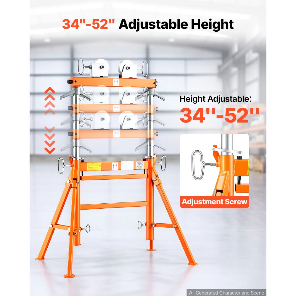 VEVOR Pipe Stand with Roller Head, Heavy Duty 2500LBS Capacity, Fits 2"-36" Pipes, 34"-52" Adjustable Height, Dual-Roller Pipe Stand, Rugged Carbon Steel Support for Welding, Fabrication & Woodworking