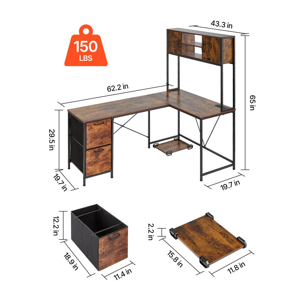 VEVOR L-Shaped Gaming Desk with LED Lights, 62.2-inch Reversible Corner Computer Desk with Power Outlets, Movable CPU Stand & Storage Drawers, Modern Stylish PC Gaming Table for Home Office