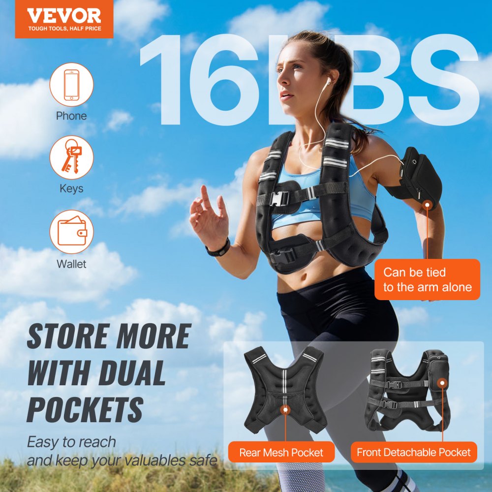 VEVOR Weighted Vest, 16 lbs Weight Vest with Reflective Stripe, Adjustable Buckle Body Weight Vest for Men Women, Workout Equipment for Strength Training, Running, Jogging, Fitness, and Weight Loss