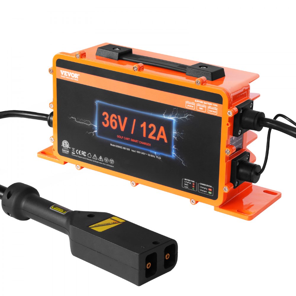 VEVOR 36 Volt Golf Cart Battery Charger, 12 AMP, Smart Battery Charger with D-Style Plug, Compatible with Lead-Acid AGM/GEL/EFB MF NMC LiFePO4 Batteries for EZGO TXT, IP67 Waterproof ETL Certified