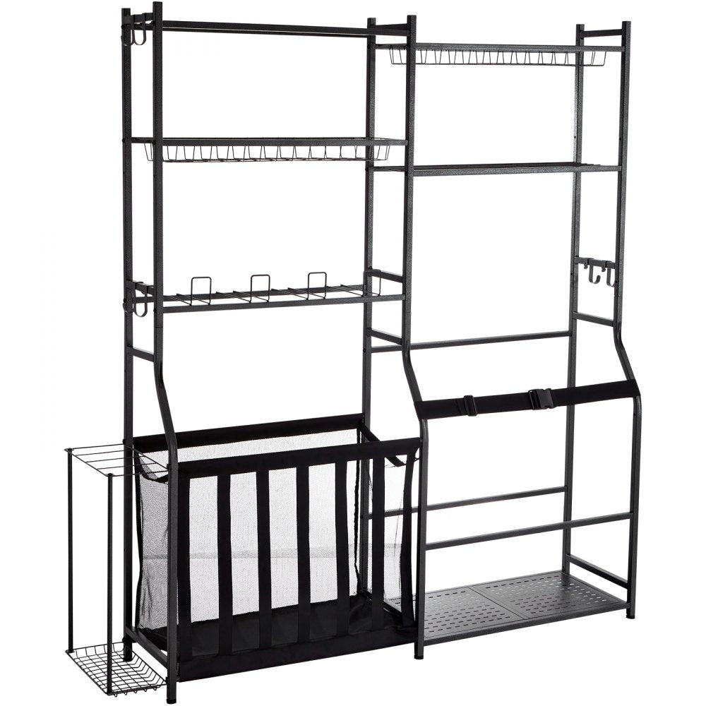 VEVOR Golf Storage Garage Organizer, 2 Golf Bag Storage Stand Holder and Other Sports Equipment Storage Rack, Outdoor Steel Ball Cart, Sports Gear and Toys Storage Shelves with Baskets & Hooks, Black