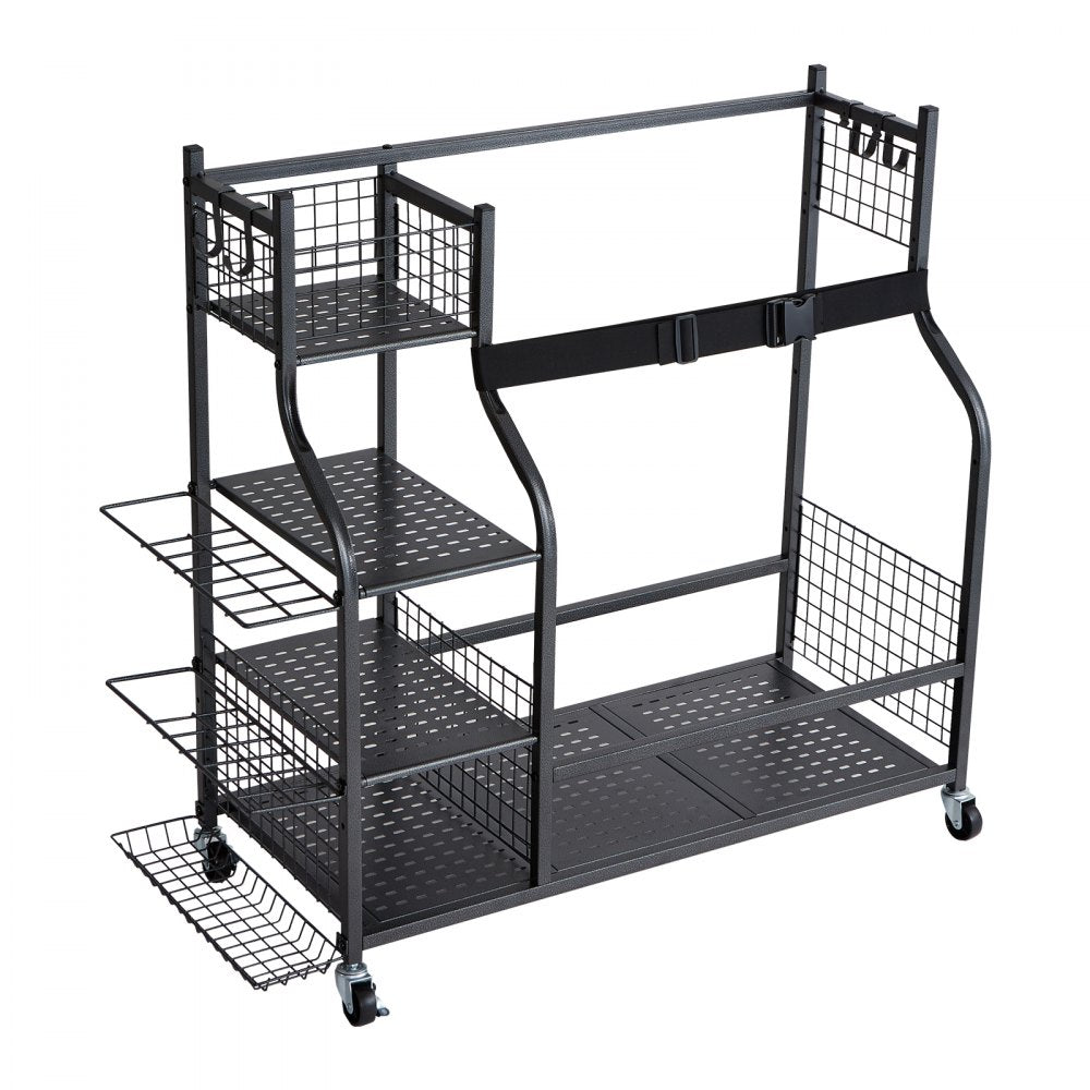 VEVOR Golf Storage Garage Organizer, 2 Golf Bag Stand Holder and Other Sports Equipment Storage Rack, Rolling Ball Cart on Wheels, Outdoor Sport Gear and Toy Storage with Baskets & Hooks, Steel, Black