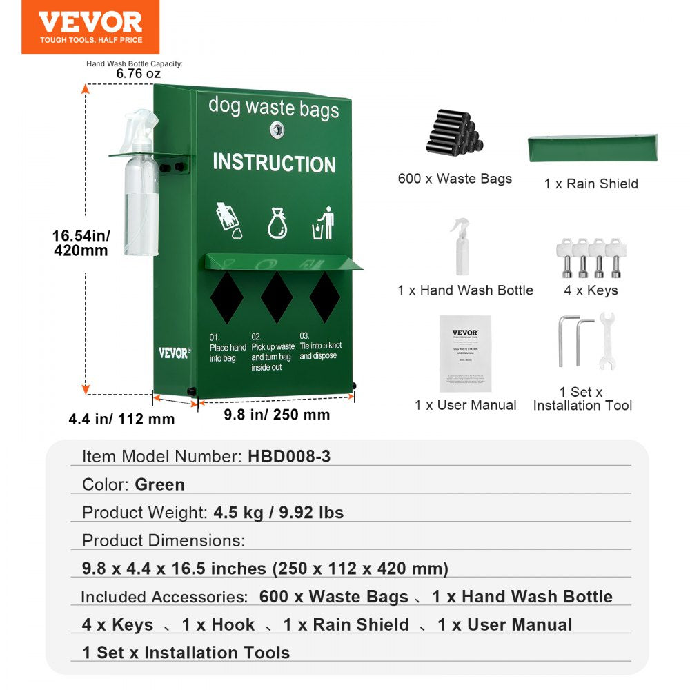 VEVOR Dog Poop Bag Dispenser with Hand Wash Bottle, Lockable Outdoor Dog Waste Bag Holder with 600 Waste Bags, Stake, Pole, Fence & Wall Mounted Dog Poop Bag Storage, Pet Waste Station for Porch, Lawn