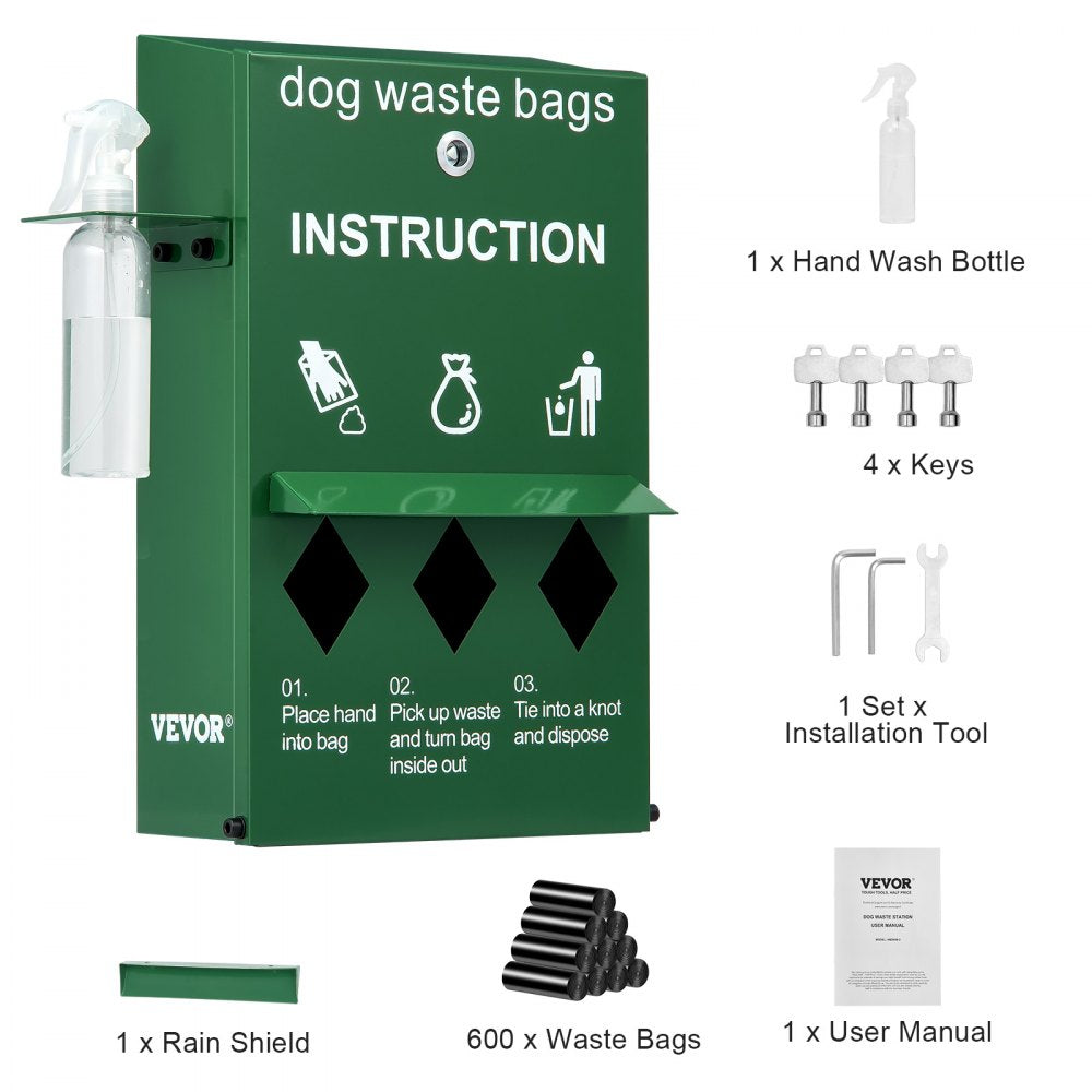 VEVOR Dog Poop Bag Dispenser with Hand Wash Bottle, Lockable Outdoor Dog Waste Bag Holder with 600 Waste Bags, Stake, Pole, Fence & Wall Mounted Dog Poop Bag Storage, Pet Waste Station for Porch, Lawn