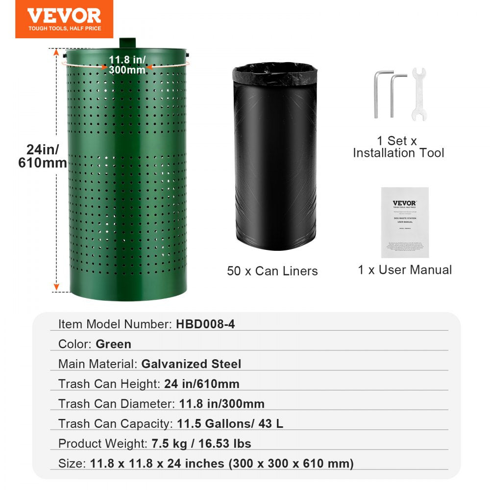 VEVOR Dog Poop Trash Can with 50 Liner Bags, 11.5 Gallons Outdoor Dog Waste Bin with Lid & Liner Clip for Pet Waste Station, Dog Waste Disposal Container for Garden Backyard Park