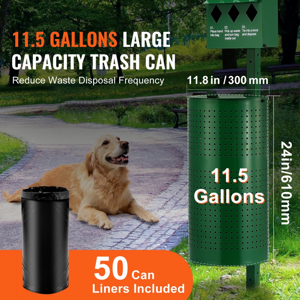 VEVOR Dog Waste Station with Hand Wash Bottle, Commercial Dog Poop Station, 11.5 Gallons Pet Waste Bin with 50 Can Liners, Bag Dispenser & 600 Waste Bags, Outdoor Dog Waste Disposal System for Backyard