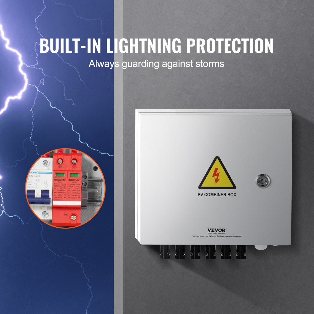 VEVOR PV Combiner Box, 6 String, Solar Combiner Box with 15A Rated Current Fuse 125A Circuit Breaker Lightning Arrester and Solar Connector, Steel Case for On / Off Grid Solar Panel System, IP65