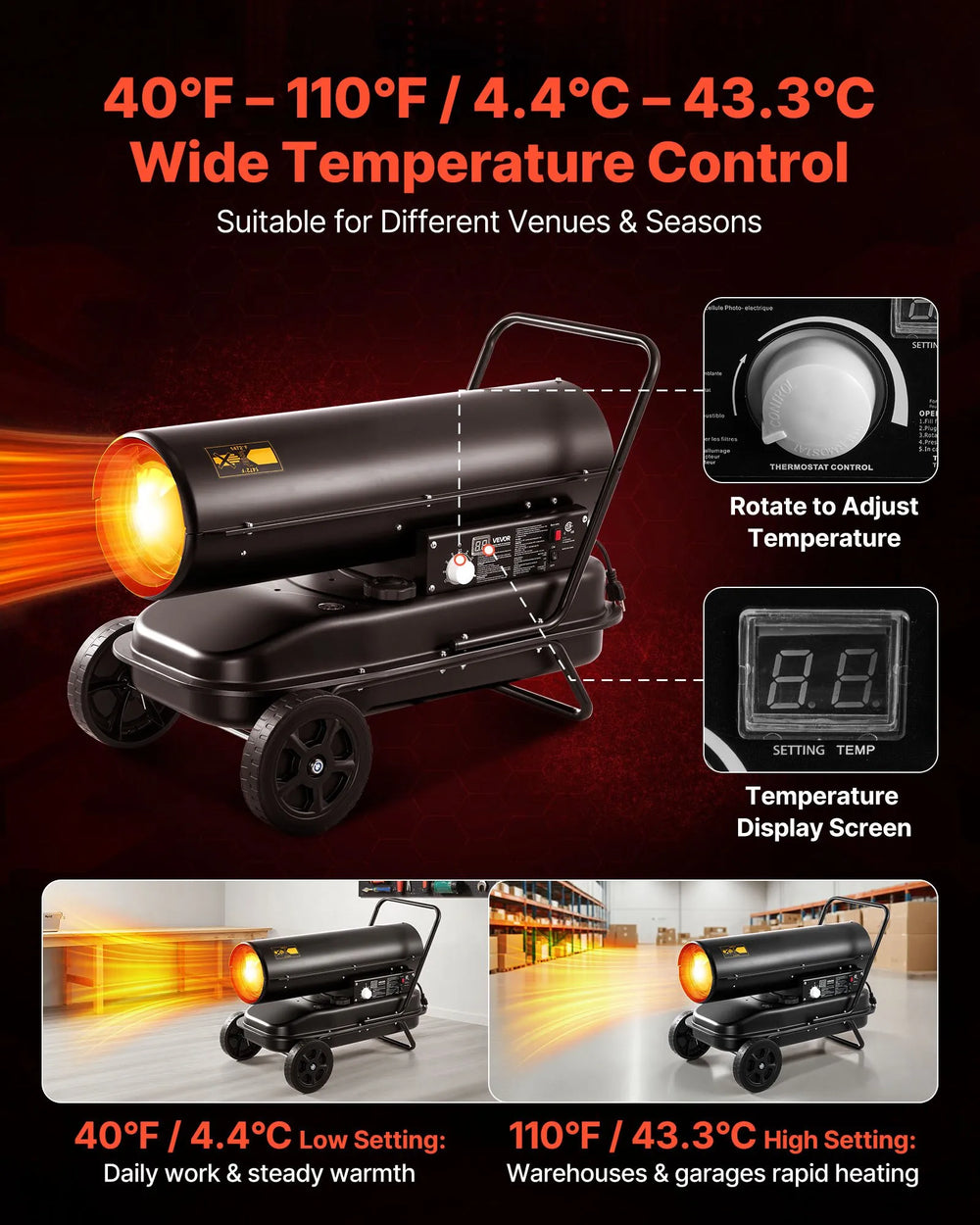 VEVOR forced air kerosene/diesel heater - adjustable temperature control 40°F to 110°F graphic