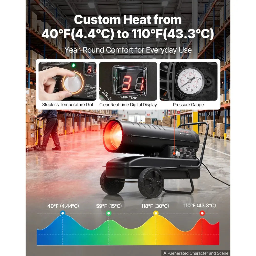 VEVOR Forced Air Kerosene Heater, 125000 BTU Diesel Torpedo Space Heater, for Garage, Warehouse, Workshop, Job Site, Construction, Flexible Move with Wheels & Thermostat Control, Carbon Steel, Black