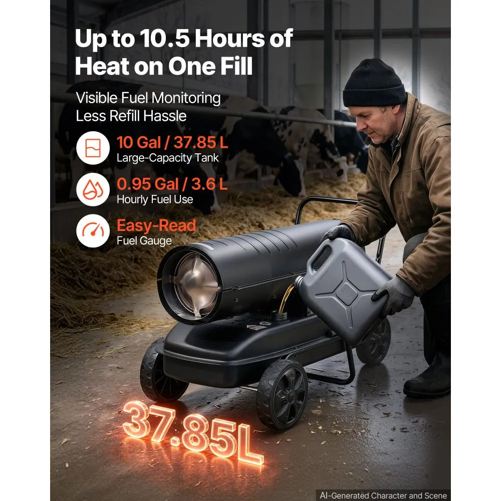 VEVOR Forced Air Kerosene Heater, 125000 BTU Diesel Torpedo Space Heater, for Garage, Warehouse, Workshop, Job Site, Construction, Flexible Move with Wheels & Thermostat Control, Carbon Steel, Black