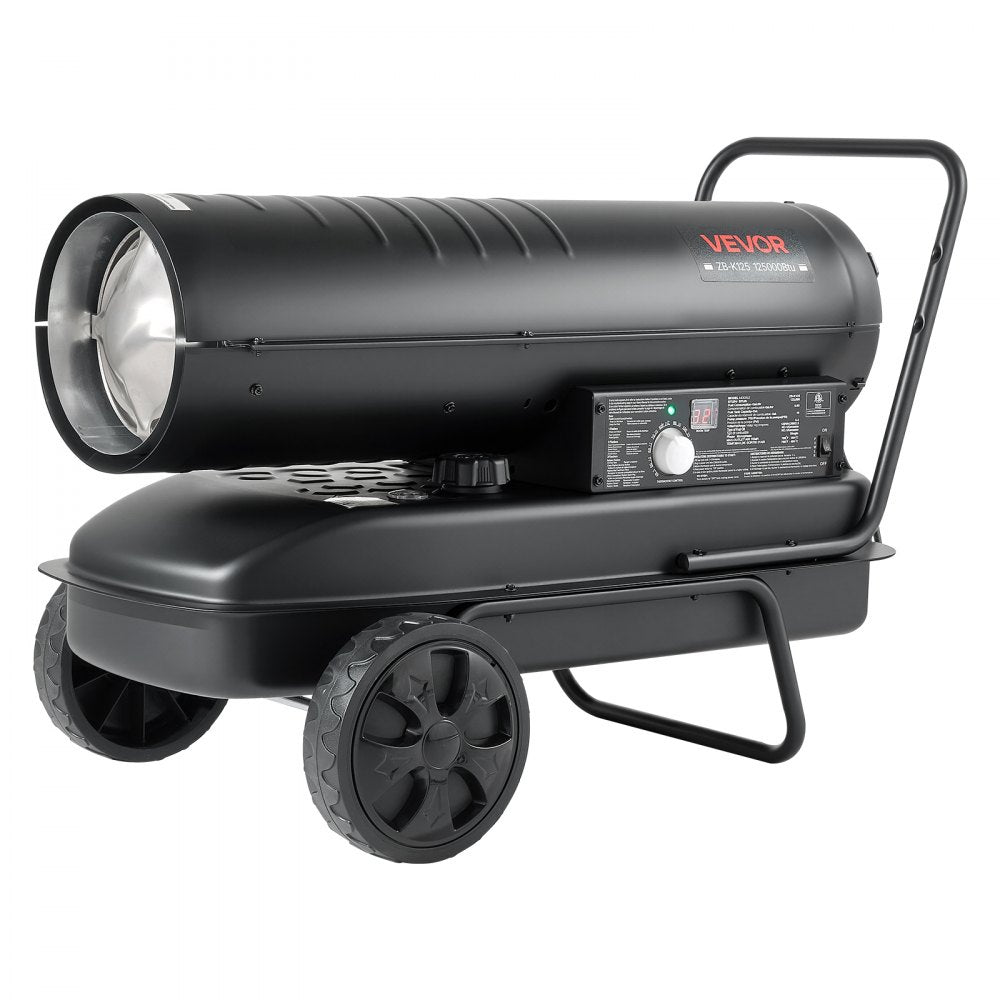 VEVOR Forced Air Kerosene Heater, 125000 BTU Diesel Torpedo Space Heater, for Garage, Warehouse, Workshop, Job Site, Construction, Flexible Move with Wheels & Thermostat Control, Carbon Steel, Black