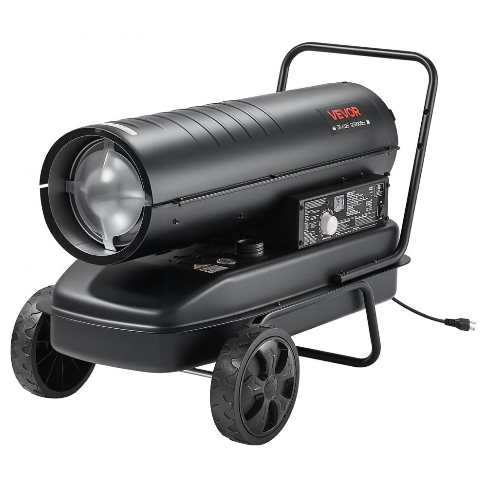 VEVOR Forced Air Kerosene Heater, 125000 BTU Diesel Torpedo Space Heater, for Garage, Warehouse, Workshop, Job Site, Construction, Flexible Move with Wheels & Thermostat Control, Carbon Steel, Black