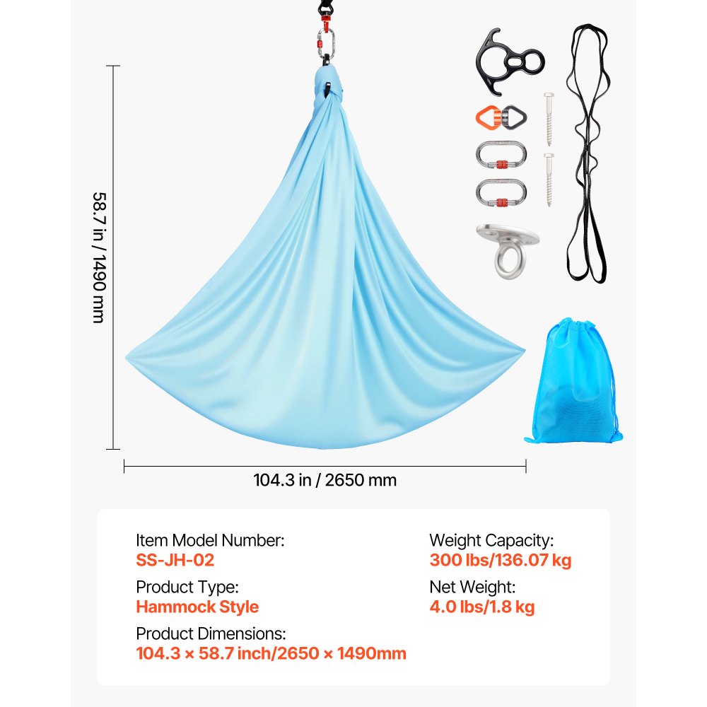 VEVOR Aerial Yoga Hammock, Maximum 300 lbs Load Aerial Silk, Yoga Swing with Nylon Fabric, Daisy Rope, PE Zipper Bag, Gymnastics Swings Suitable for Men and Women, Dual-Function Hammock & Swing