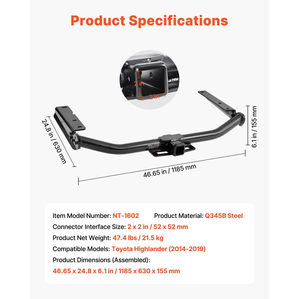 VEVOR Class 3 Trailer Hitch, 2-Inch Receiver, Compatible with 2014-2019 Toyota Highlander, Q345B Steel Tube Frame, Multi-Fit Hitch to Receive Ball Mount, Cargo Carrier, Bike Rack, and Tow Hook, Black