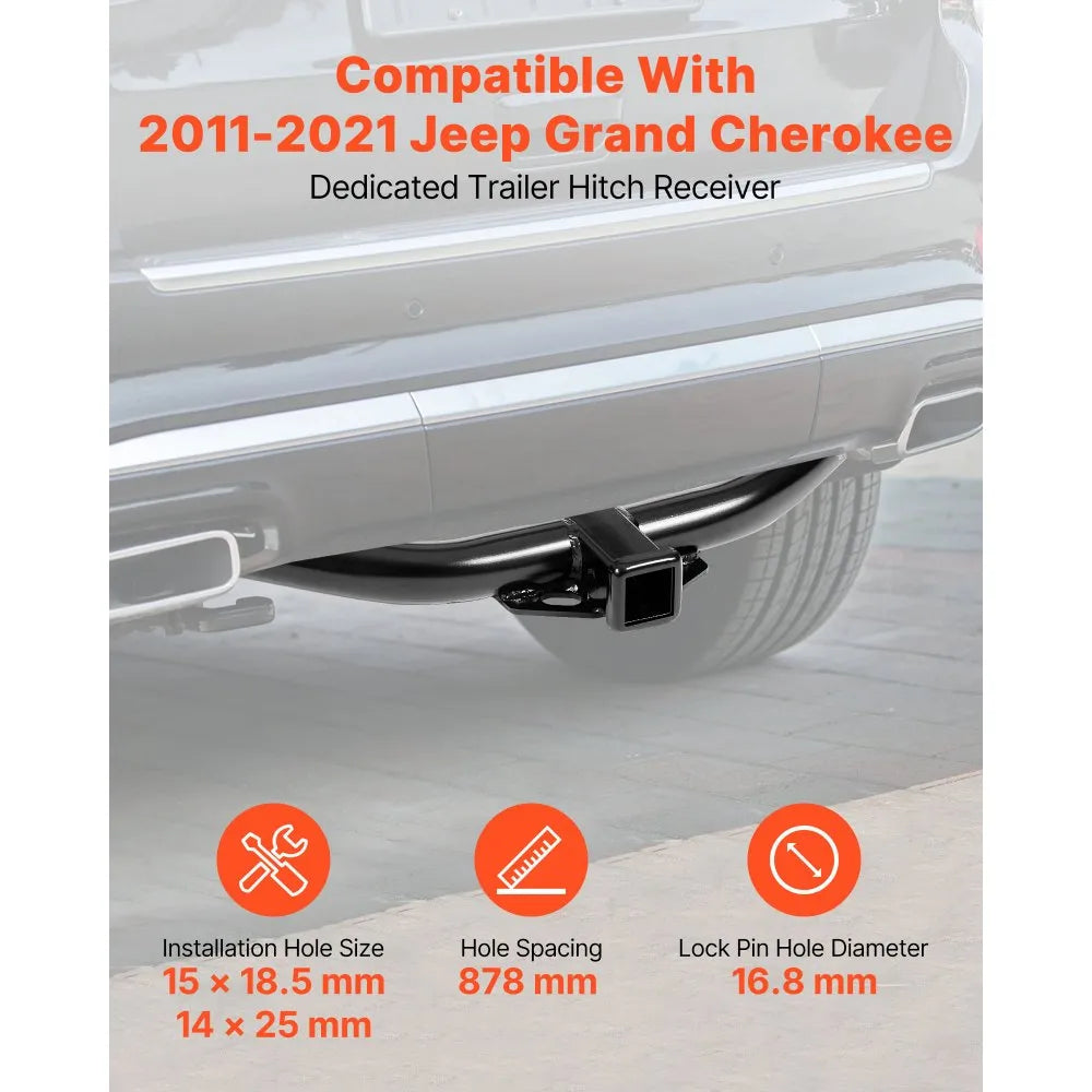 VEVOR Class 3 Trailer Hitch, 2-Inch Receiver, Compatible with 2011-2021 Jeep Grand Cherokee, Q345B Steel Tube Frame, Multi-Fit Hitch to Receive Ball Mount, Cargo Carrier, Bike Rack, Tow Hook, Black