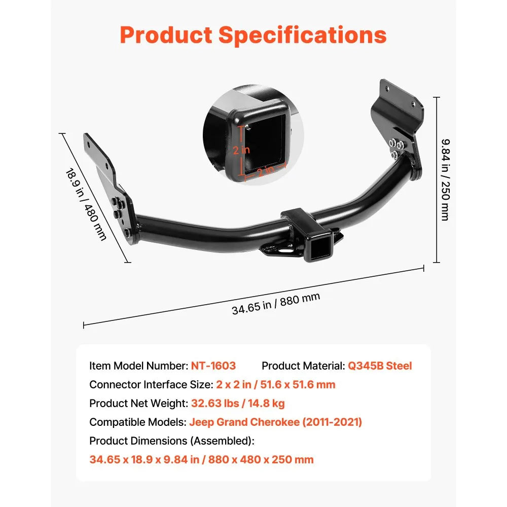 VEVOR Class 3 Trailer Hitch, 2-Inch Receiver, Compatible with 2011-2021 Jeep Grand Cherokee, Q345B Steel Tube Frame, Multi-Fit Hitch to Receive Ball Mount, Cargo Carrier, Bike Rack, Tow Hook, Black