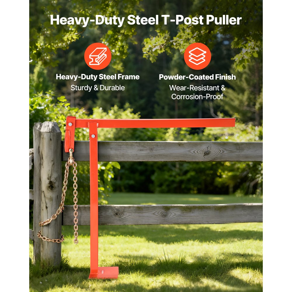 VEVOR 32 in T Post Puller, Heavy Duty Fence Post Puller with 43 in Lifting Chain, Rust-Resistant Steel, Labor-Saving T-Post Remover Tool for Round Fence Posts, Sign Posts & Tree Stumps