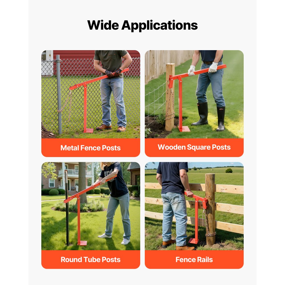 VEVOR 32 in T Post Puller, Heavy Duty Fence Post Puller with 43 in Lifting Chain, Rust-Resistant Steel, Labor-Saving T-Post Remover Tool for Round Fence Posts, Sign Posts & Tree Stumps