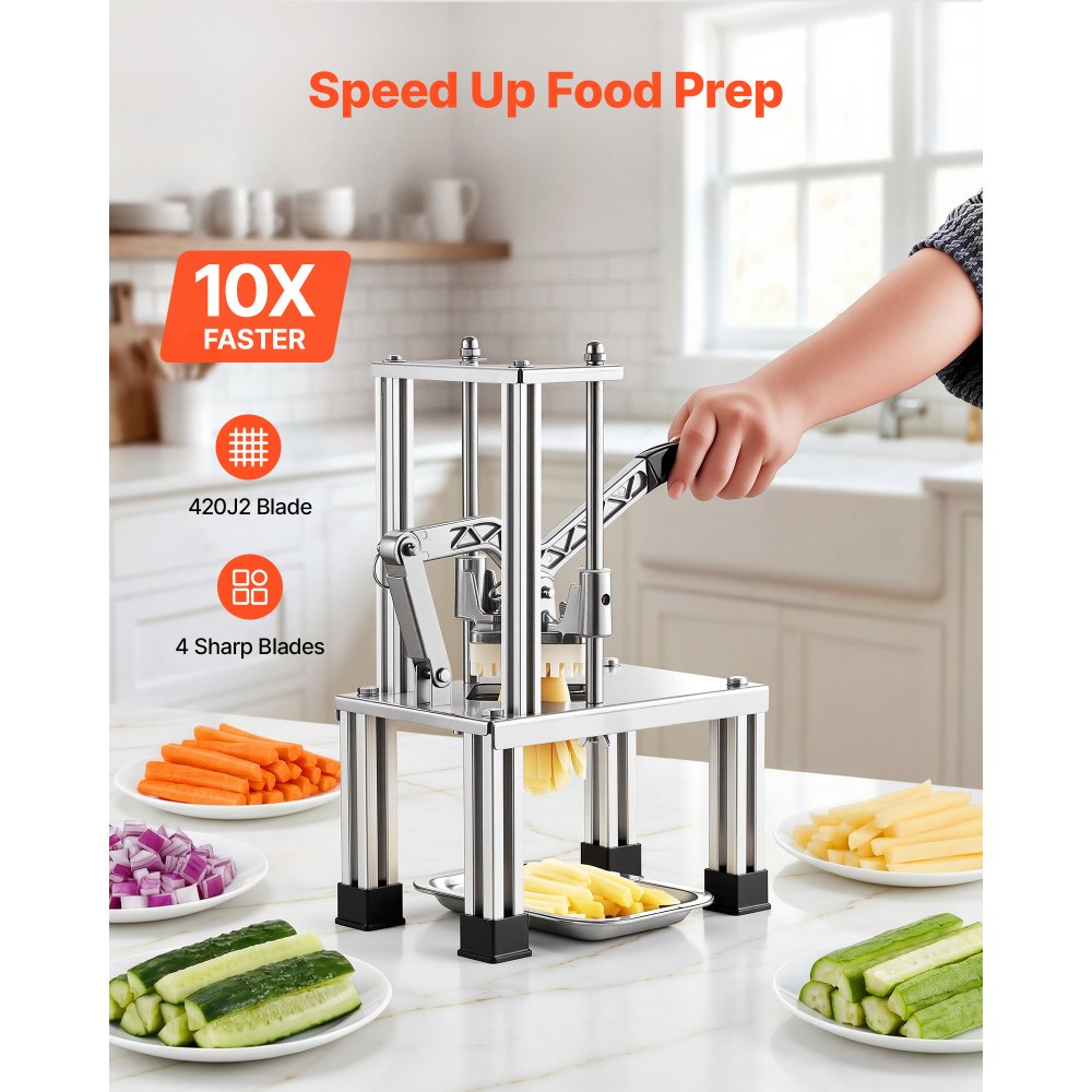 VEVOR French Fry Cutter, Commercial Vegetable Chopper with 4 Blades (1/4", 3/8", 6-Wedge & Apple Corer), Stainless Steel Potato Slicer for Fries, Onion, Carrots, Lemon – Home & Restaurant Use