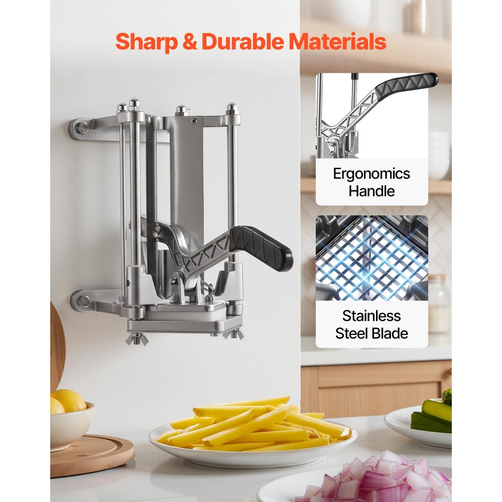 VEVOR French Fry Cutter, Commercial Vegetable Chopper with 4 Blades - 1/4", 3/8", 6-Wedge Slicer & Apple Corer - Wall Mount Stainless Steel Potato Cutter, for Home & Restaurant Use