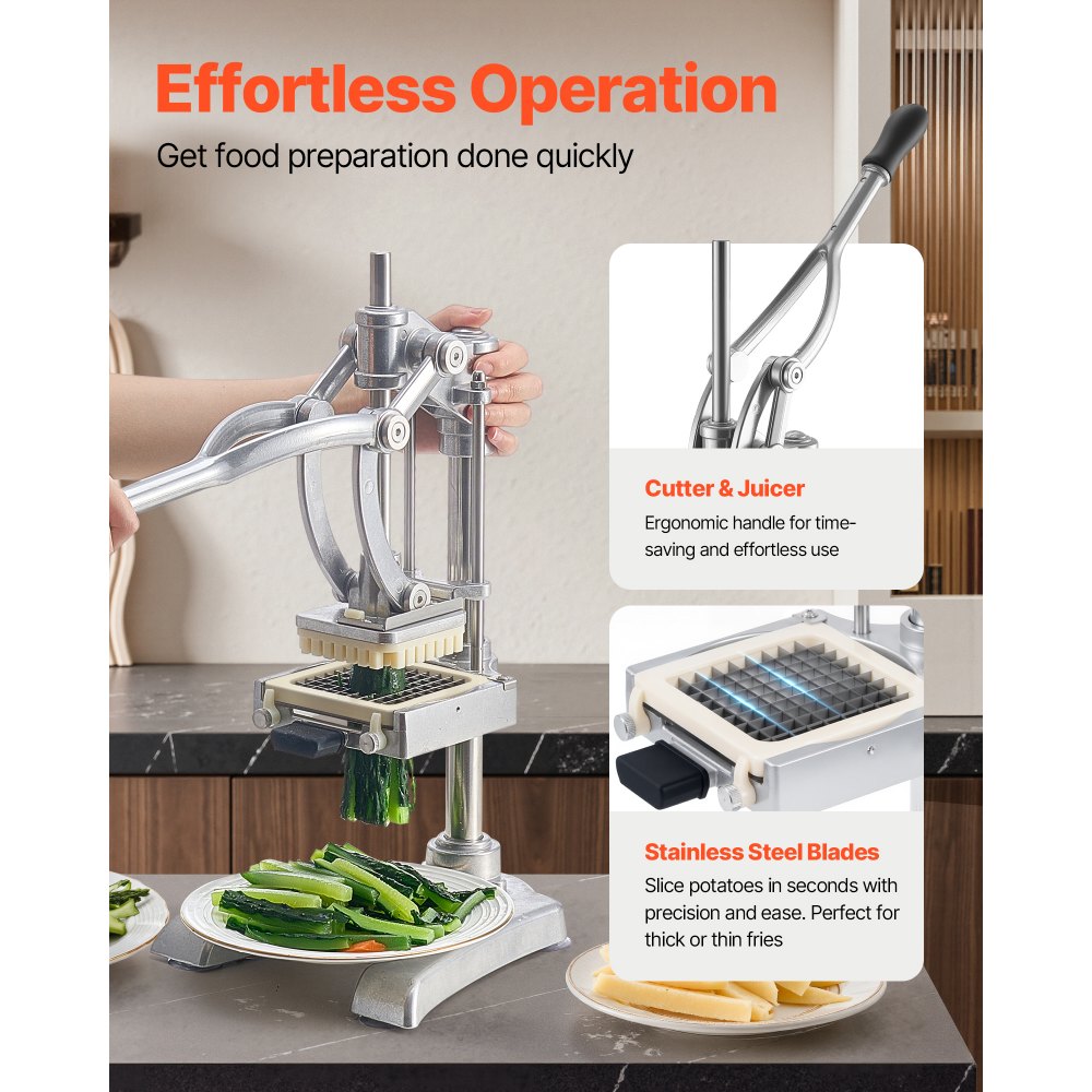VEVOR Commercial French Fry Cutter, Stainless Steel Vegetable Fruit Chopper with 3 Replacement Blades 1/2-Inch 3/8-Inch 1/4-Inch, and a Juicing Blade, Manual Potato Slicer Dicer for Restaurants & Home