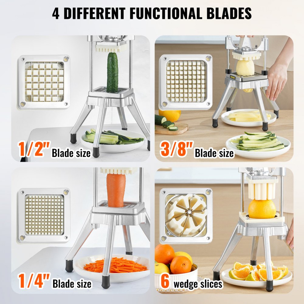 VEVOR Commercial Vegetable Fruit Chopper, Stainless Steel French Fry Cutter with 4 Blades 1/4" 3/8" 1/2", 6-wedge Slicer, Chopper Dicer with Tray, Heavy Duty Cutter for Potato Tomato Onion Mushroom