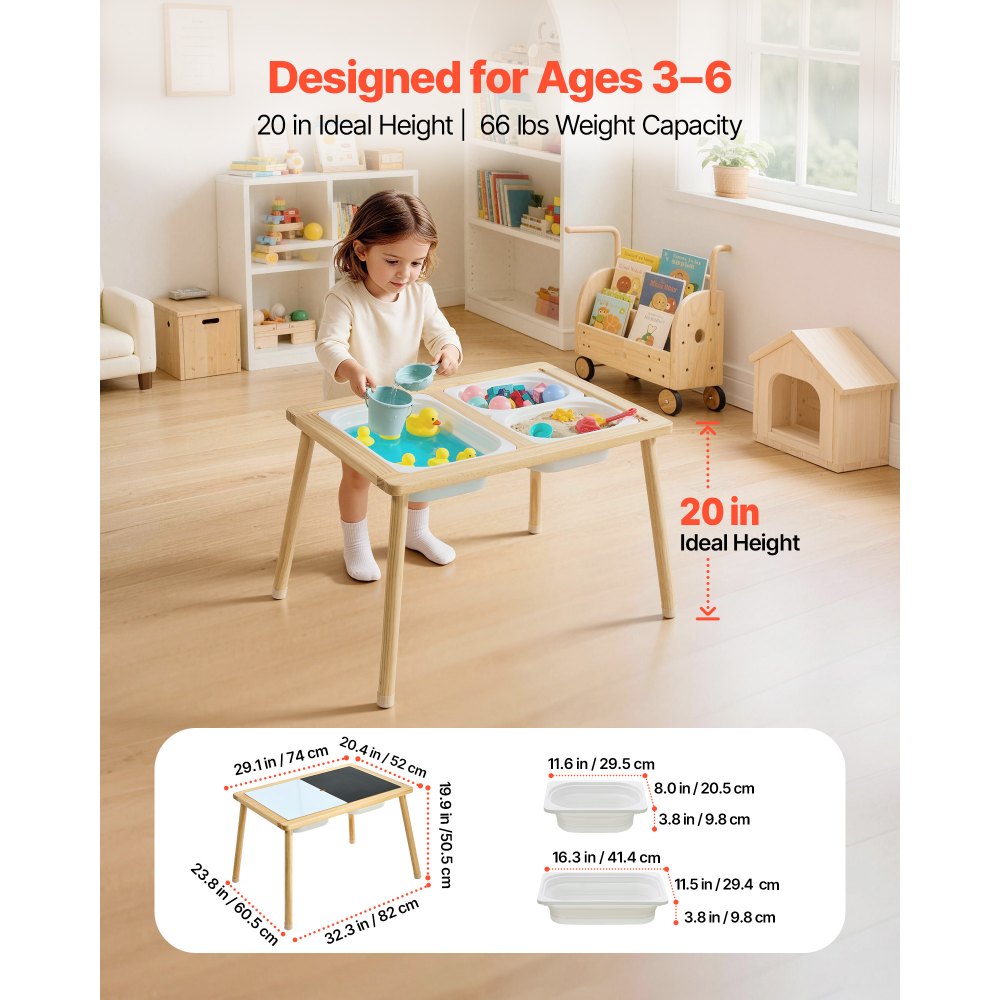 VEVOR Sensory Table for Toddlers, Wooden Kids Activity Table with Reversible Double-Sided Board, Storage Bins, and Non-Slip Feet, for Boys and Girls Playing Sand and Water, Drawing, Studying, Dining