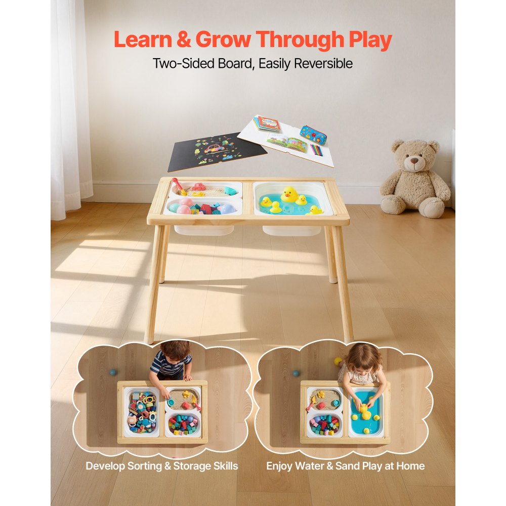 VEVOR Sensory Table for Toddlers, Wooden Kids Activity Table with Reversible Double-Sided Board, Storage Bins, and Non-Slip Feet, for Boys and Girls Playing Sand and Water, Drawing, Studying, Dining