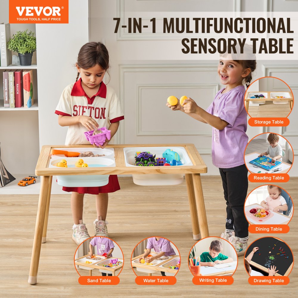 VEVOR Sensory Table for Toddlers, Kids Activity Table with 3 Foldable Storage Bins & Double-Sided Board, Indoor/Outdoor Play Sand and Water Table, Wooden Kids Sensory Table for Drawing Studying Dining