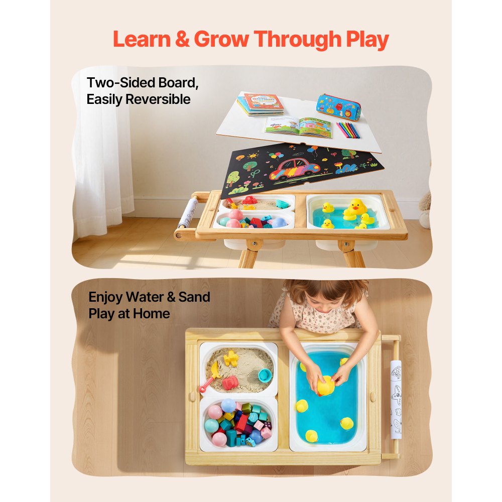 VEVOR Sensory Table for Toddlers, Wooden Kids Activity Table and Art Easel with Reversible Double-Sided Board, Storage Bins, for Boys and Girls Playing Sand and Water, Drawing, Studying, Dining